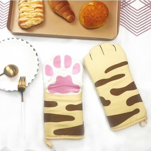 3D Cartoon Cat Paws Oven Mitts Long Cotton Baking Insulation Gloves Microwave Heat Resistant Non-slip Kitchen Gloves