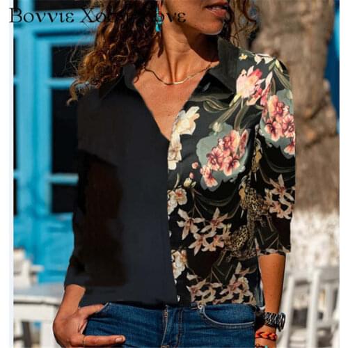 Women Turn-down Collar Floral Patchwork Long Sleeve Loose Button-up Blouse