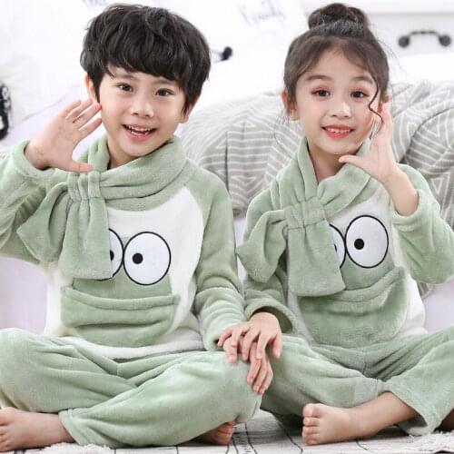 Girls Flannel Pajamas Suits Autumn Winter Long Sleeve Nightwear Boys Sleepwear Home Warm Pyjamas Sets for Kids Pijamas+ Scarf