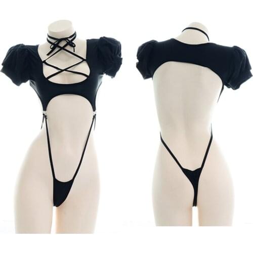 Anime Cosplay Jumpsuit JK Sukumizu Gothic Lolita Bondage Deep-V Neck Bodysuits Puff Sleeve Sexy Backless Set Bodycon Body Suit