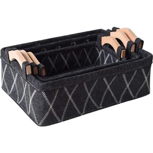Small Felt Storage Basket Rectangle Fabric Storage Bin Organizer with Wooden Handles for Nursery Toys,Kids Room Black