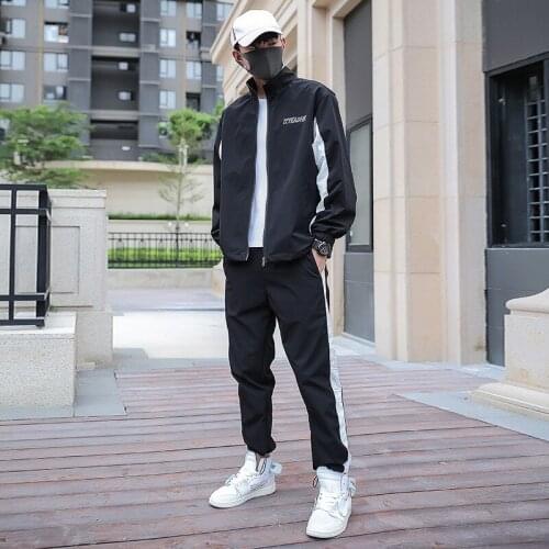 Male 3 bar stripes gym jogger sport pants men autumn long sleeve jacket pants 2 piece set sweatsuit men sportswear tracksuit man