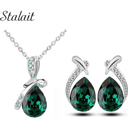 New arrival green brand bridal wedding Silver Color tear drop pendant necklace earrings jewelry sets 10743