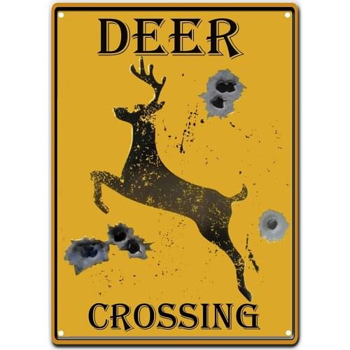 Deer Crossing Tin Sign Bullet Holes Retro Vintage Bar Country Home Decor Caution Yellow 8X12Inch
