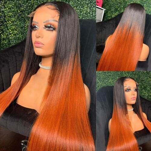 Ombre Lace Front Human Hair Wigs 1B/Orange Lace Front Wig For Women Brazilian Straight Closure Wig T Part Lace Wig Pre Plucked