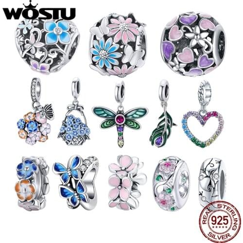 WOSTU Authentic 925 Sterling Silver Colorful Flowers Beads Charms Pendant Fit Bracelets Women Party DIY Fine Jewelry Gift Making