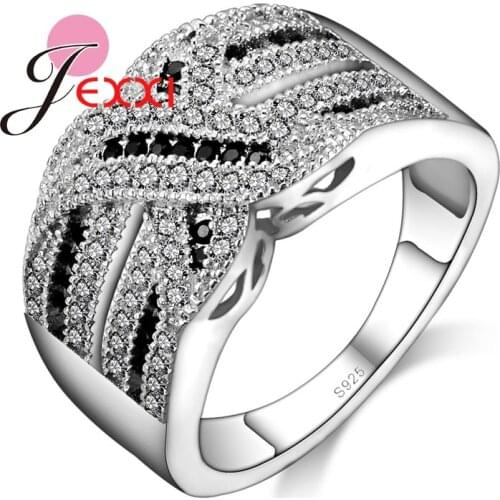 Christmas Gift Women Girls Wholesale Wedding Engagement Rings 925 Sterling Silver Jewelry Full White + Balck Crystal