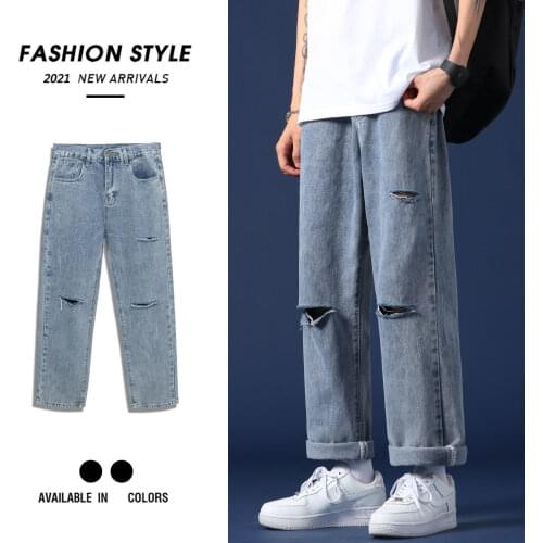 Ripped Jeans Mens 2021 Summer Loose Wide Leg Cropped Pants Korean Trendy Fashion Brand Straight Pants Male Clothing Trousers