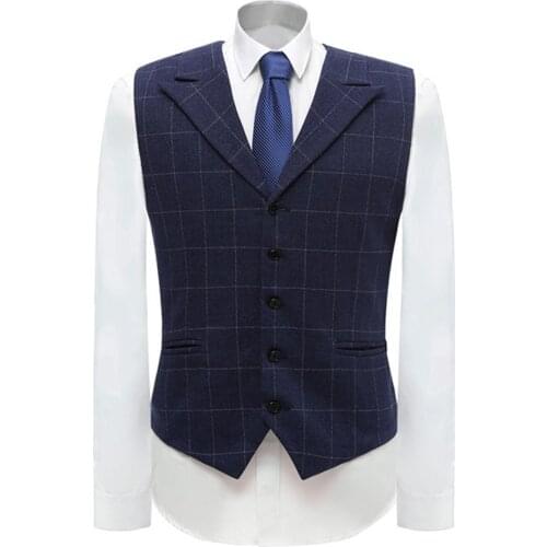 Tweed Mens Business Vest Boutique Wool Plaid Slim Fit Single-breasted Cotton Suit Vest Waistcoat For Wedding Groomsmen
