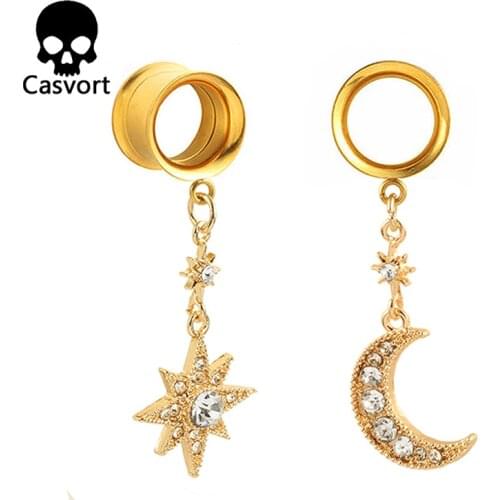 Casvort 2PCS Body Piercing Jewelry Asymmetrical Stars and Moon Ear Gauges Plugs Tunnels Stainless Steel Dangle Earrings Expander