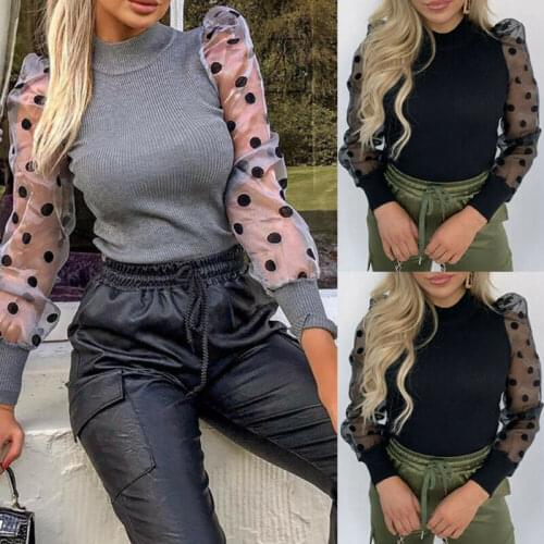 New Arrival Womens Shirt Knitted Blouse Polka Dot Mesh Lace Sleeve Puff Mesh Sleeve Tops Pullover Blouse Loose Jumper Top Shirt
