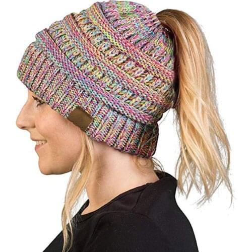 Brand New Ponytail Beanie Women Winter Knitting Hats Ladies Stretch Knit Hat with Tag Messy Bun Ponytail Beanie Holey Warm Hats