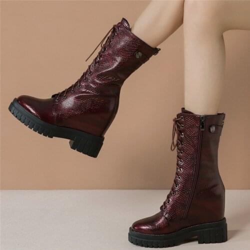 High Top Creepers Women Lace Up Genuine Leather Wedges High Heel Ankle Boots Female Round Toe Platform Pumps Shoes Casual Shoes