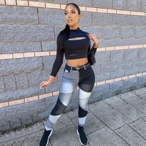 Autumn/winter 2021 high waist patchwork dark denim temperament tight calf trousers black womens jeans