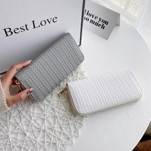 Hot Sale Women Weave Wallet Wrist Handle Phone Case Long Section Money Pocket Pouch Handbag Women Purse Card Holder Wallet