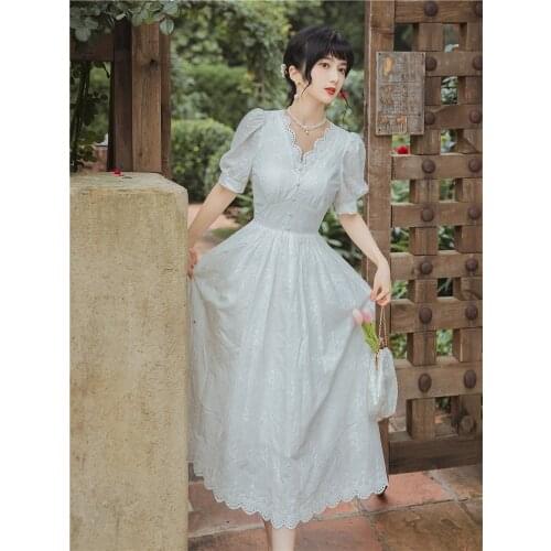 Lace Hollow Embroidery V-neck Sexy White Dress Robe Femme High Quality French Temperament Midi Dress Summer