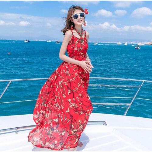 Womens summer feather print casual long chiffon dress ladys sexy sleeveless sunscreen long beach vacation Bohemia dress TB353
