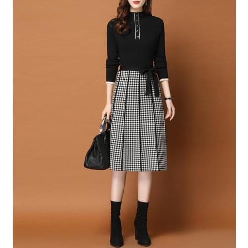 Turtleneck Plaid Print Splicing Knee Length Knitted Dress Women Autumn Winter Elegant Slim Bottom Sweater Dresses Female Clothes