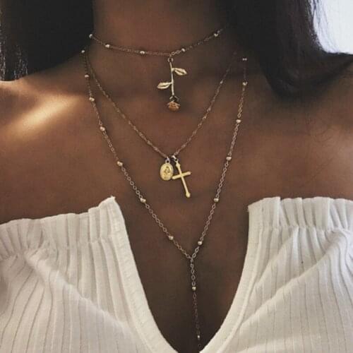 1PC 2020 Bohemia Vintage Necklaces For Women Fashion Gold Color Necklace Multiple Layers Cross Flower Pendant Necklace Jewelry