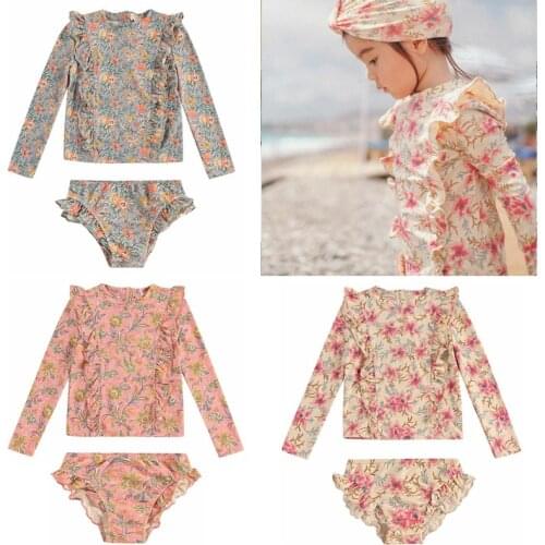 2021 New Summer LM Brand Kids Swimwear Sets for Girls Flower Print Swimsuits Baby Child Cute 3pcs Outfits Beach Clothes