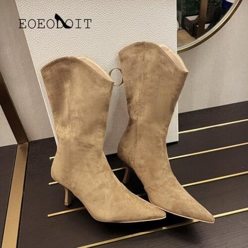 EOEODOIT Women High Heels Western Boot Calf Booties Fashion Sexy Pointed Toe Slip On Faux Suede Slip On Stiletto Heels Shoes