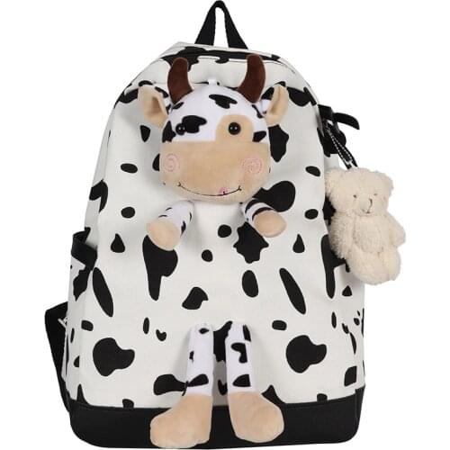 Cute Milk Cow Backpack Kawaii Canvas Teenage Students Casual Schoolbag Large Shoulder Bag Bookbag Women Vintage Simple 2021