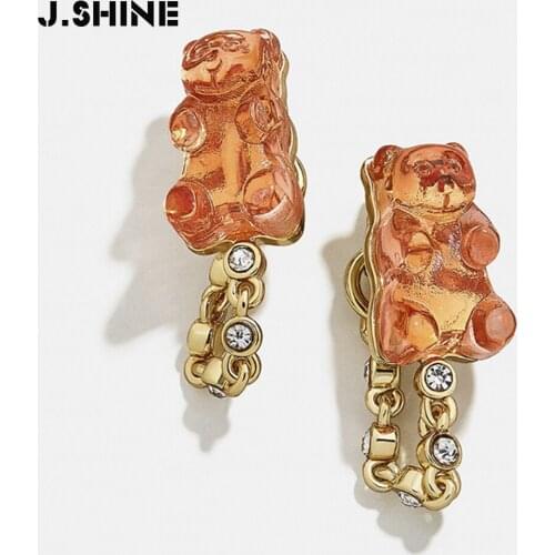 JShine CHIC Bear Stud Earrings Transparent Candy Color Resin Chain Earrings for Women Girl Animal Earrings Fashion Jewelry