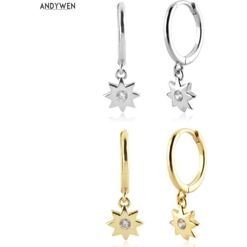 ANDYWEN 925 Sterling Silver Gold Star Zircon Women Charm Drop Earring Clips Rock Punk Party Wedding Slim Tiny Jewelry Gfit