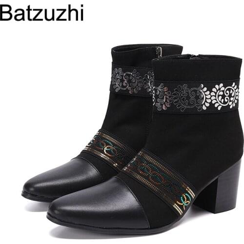 Batzuzhi 7.5cm High Heels Boots Men Pointed Toe Black Suede Leather Ankle Boots Men Zip Motorcycle Botas Hombre, Big Size US6-12