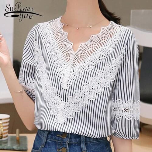 Blusas Women Top Blouses Woman Fashion 2021 Summer Short Sleeve Women Blouse V-neck Lace Shirt Stripe Casual Clothing 4819