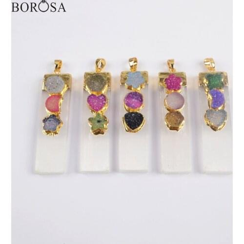 BOROSA 5Pcs New Arrival 26inch Rectangle Shape Gold Plating Selenite Stone & Rainbow Agates Druzy Pendant Necklace Jewelry G1853
