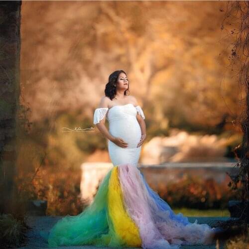 Demure Mix Color Tulle Mermaid Pregnancy Dress Off Shoulder Ruffles Colorful Mesh Women Maternity Gowns Bridal Dresses