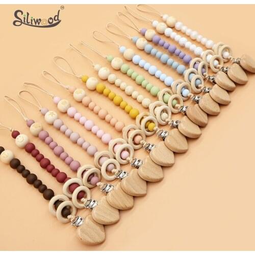 Baby Pacifier Clips Solid Color Silicone Beads Wooden Ring Pacifier Chain Soother Chain Clips Teething Dummy Holder Nipple Clip