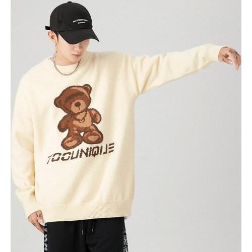 Men Knitted Bear Jumpers Sweaters Loose Streetwear Women Hip Hop Harajuku Casual Pullover Knitwear Fashion Unisex Tops Outwear