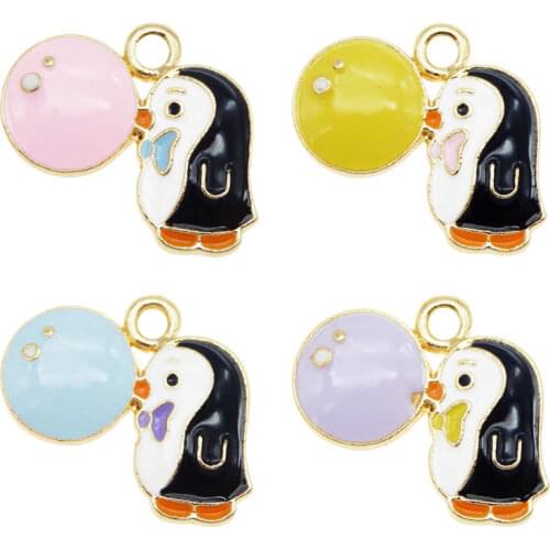 Julie Wang 4PCS Enamel Penguin Bubble Charms Mixed Colors Zinc Alloy Gold Tone Animal Necklace Bracelet Jewelry Making Accessory