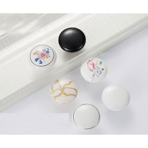 Black White Furniture Wardrobe Knob Kitchen Cabinet Hardwares Cupboard Drawer Handles Flower Ceramic Kids Case Pull