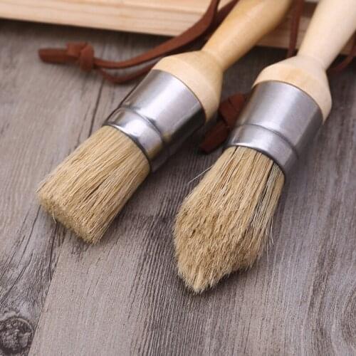 C5AD 2 Pcs Round and Pointed Chalk Paint Wax Brush Ergonomic Wood Handle Natural Bristle Brushes Furniture DIY Painting Tool