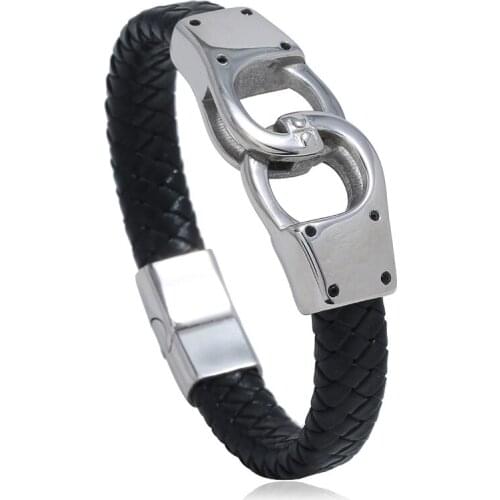 Stainless steel Handcuffs Braided Leather Bracelet Bangle For Man steel Magnetic buckle Hand Jewelry Gift Dropshipping