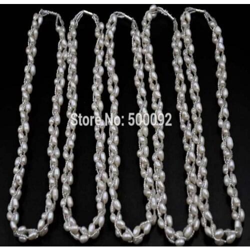 Rice Cultured Pearl Handmade 3rows Necklace Free shipping