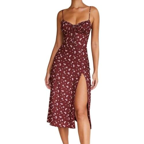 Women Summer Sleeveless Sexy V-Neck Lace-Up Floral Midi Long Sling Dress Ruched Chest Backless Side High Slit Sundress