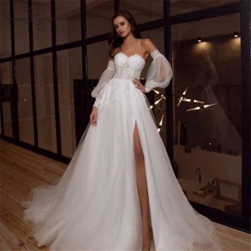 Beach Wedding Dresses Boho with Slit Detachable Sleeves Lace Appliques Corset Back Plus Size Bridal Gowns Vestido De Noiva