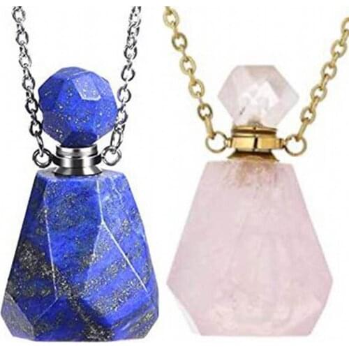 KFT Natural Gems Stone Perfume Bottle Pendants Healing Crystal Quartz Faceted Reiki Stone Pendant Stainless Steel Chain Necklace
