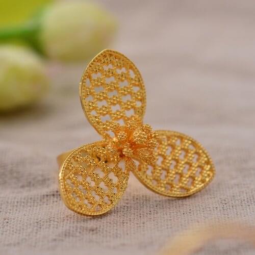 Clover Flower Dubai Wedding Ring for Women Girls Ramadan Middle East Gold Color Arab Rings African Jewelry Ethiopian Items