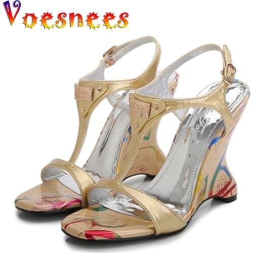 Voesnees Sandals Women 2020 Summer Metal Buckle Open Toe Wedges 7/10cm High Heels Color Matching High-heeled Hollow Shoes Women