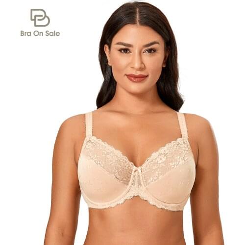Womens Lace Minimizer Bra Plus Size Floral Unlined Full Coverage Underwire D E F G H cup