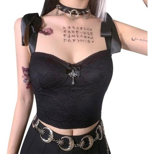 Women Gothic Punk Sexy Floral Lace Top Backless Tie-Up Bandage Strap Camisole Harajuku Metal Cross Sleeveless Vest