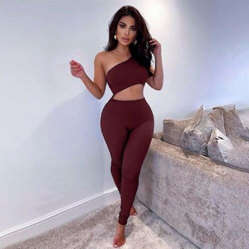 One Shoulder Hollow Out Jumpsuit Women 2021 Summer Sexy Bodycon Overalls Casual Sports Solid Combinaison Femme Club Outfits