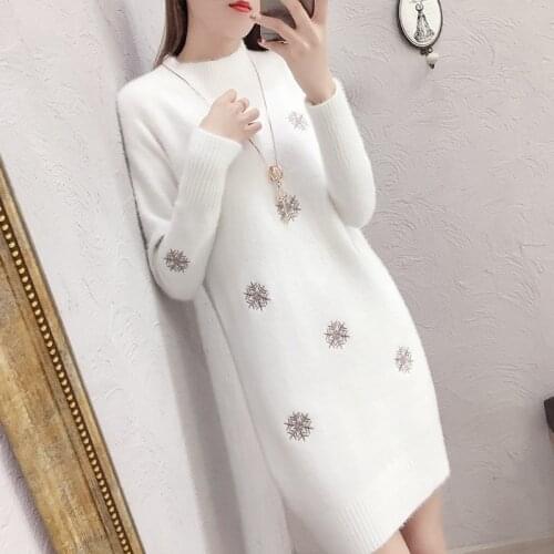 Women Knit Sweater Pullover New Fashion Imitation Mink cashmere Loose Plus Size 3XL White Dress Half Turtleneck Sweater Jumper