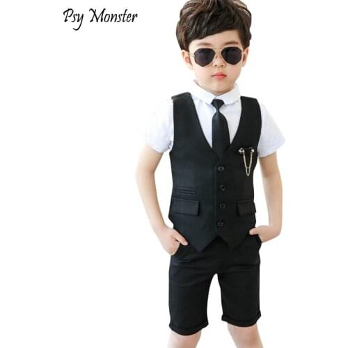 Flower Boys Vest Dress Suit Children Summer Short-sleeved Pants Shirts 3pcs Clothing Set Kids Wedding Performance Party Costume