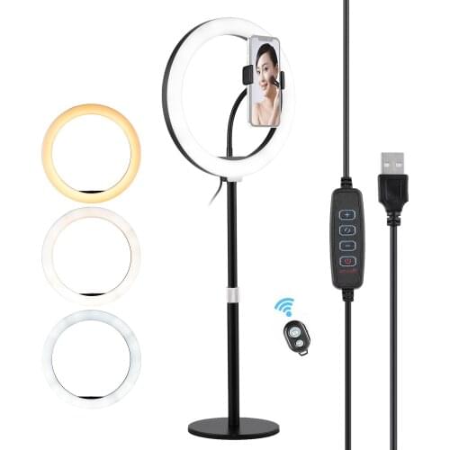 10 Inch Ring Light Selfie Beauty LED Light USB Powered 3 Lighting Modes Dimmable with Desktop Light Stand Phone Holder Remote